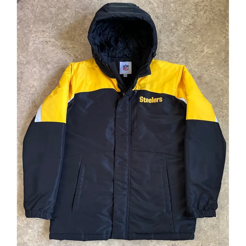 NFL Pittsburgh Steelers Mens Hooded Parka Jacket Black‎ Yellow Medium Full Zip